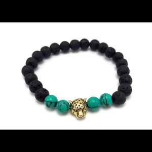 Black Lava Stone & Turquoise Stone Jaguar Bracelet